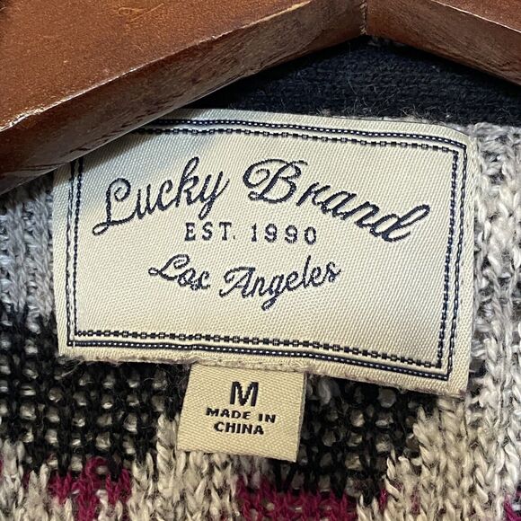 LUCKY BRAND M Cardigan Sweater Aztec Intarsia Drape Front Coastal Grandma - Picture 4 of 5